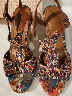 Gianni Bini Multicolor Braided Wedge Sandals with Brown Leather Trim